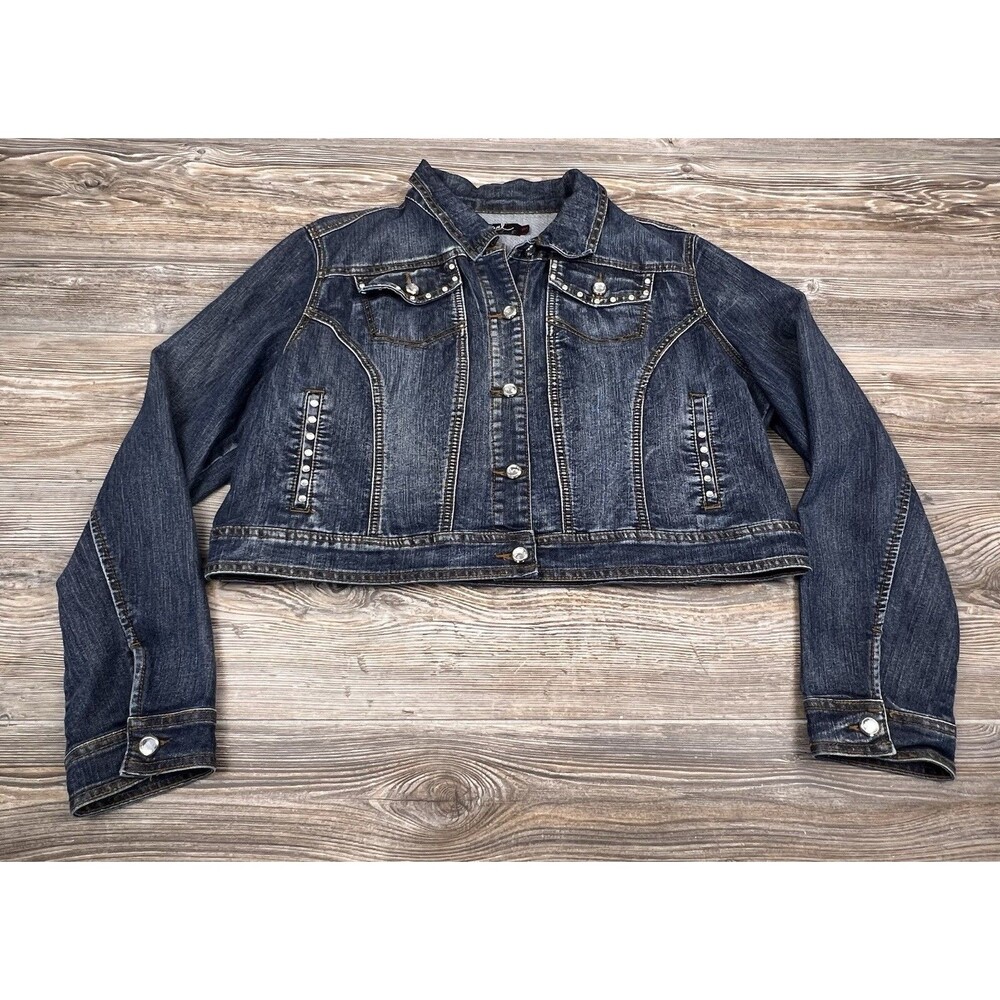 Earl Jeans Short Denim Jacket XLP Rhinestone Embellishments Cowgirl Hat‎ Design